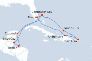 Carte itinéraire croisière Aventurero del Caribe - 14 jours au départ de Miami - Caraïbes Bahamas
