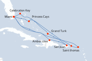Carte itinéraire croisière Aventurero del Caribe Oriental - 14 jours au départ de Miami - Caraïbes Bahamas