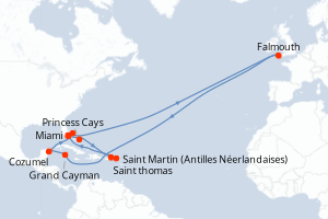 Carte itinéraire croisière Aventurero del Caribe - 14 jours au départ de Miami - Caraïbes Bahamas