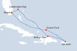 Carte itinéraire croisière Caribe Oriental con Puerto Rico - 7 jours au départ de Miami - Caraïbes Bahamas