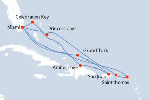 Carte itinéraire croisière Aventurero del Caribe Oriental - 14 jours au départ de Miami - Caraïbes Bahamas