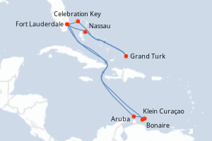 Carte itinéraire croisière Aventurero del Caribe - 14 jours au départ de Fort Lauderdale - Caraïbes Bahamas