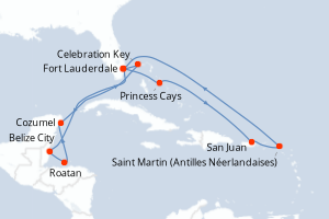 Carte itinéraire croisière Eastern/Western Caribbean Adventurer - 14 jours au départ de Fort Lauderdale - Caraïbes Bahamas