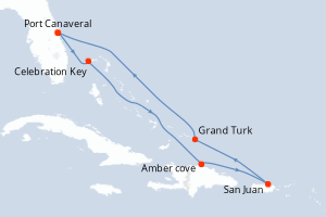 Carte itinéraire croisière Caribe Oriental con Puerto Rico - 7 jours au départ de Port Canaveral - Caraïbes Bahamas