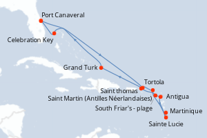 Carte itinéraire croisière Caribe meridional con vacaciones en Mart - 14 jours au départ de Port Canaveral - Caraïbes Bahamas