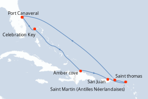 Carte itinéraire croisière Caribe Oriental con St. Thomas - 9 jours au départ de Port Canaveral - Caraïbes Bahamas