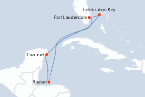 Carte itinéraire croisière Caribe Occidental con México - 7 jours au départ de Fort Lauderdale - Caraïbes Bahamas