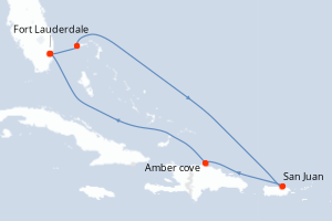 Carte itinéraire croisière Caribe Oriental con Puerto Rico - 7 jours au départ de Fort Lauderdale - Caraïbes Bahamas