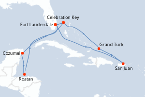 Carte itinéraire croisière Aventurero del Caribe - 14 jours au départ de Fort Lauderdale - Caraïbes Bahamas