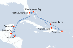 Carte itinéraire croisière Aventurero del Caribe - 14 jours au départ de Fort Lauderdale - Caraïbes Bahamas