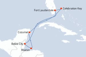 Carte itinéraire croisière Caribe Occidental con México - 7 jours au départ de Fort Lauderdale - Caraïbes Bahamas