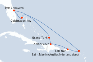 Carte itinéraire croisière Caribe Oriental con Puerto Rico - 9 jours au départ de Port Canaveral - Caraïbes Bahamas