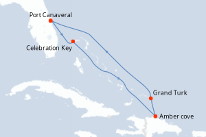 Carte itinéraire croisière Caribe Oriental con Islas Turcas y Caico - 6 jours au départ de Port Canaveral - Caraïbes Bahamas