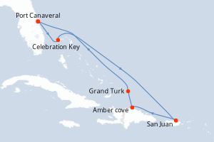 Carte itinéraire croisière Caribe Oriental con Puerto Rico - 8 jours au départ de Port Canaveral - Caraïbes Bahamas