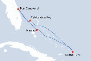 Carte itinéraire croisière Caribe Oriental con Islas Turcas y Caico - 6 jours au départ de Port Canaveral - Caraïbes Bahamas