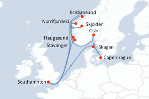 Carte itinéraire croisière Fiordos Noruegos y Escandinavia - 14 jours au départ de Southampton - Europe du Nord