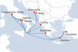 Carte itinéraire croisière Mediterranean, Aegean et Adriatic - 14 jours au départ de Civitavecchia - Rome - Méditerranée