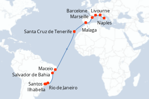 Carte itinéraire croisière Italie, France, Espagne, Brésil - 21 jours au départ de Naples - Transatlantique