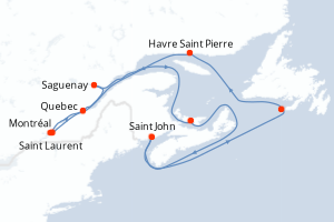 Carte itinéraire croisière Canada - 11 jours au départ de Montréal - Amérique du Nord