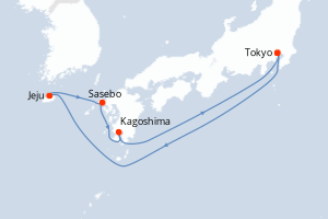 Carte itinéraire croisière Corée du Sud, Japon - 6 jours au départ de Tokyo - Asie