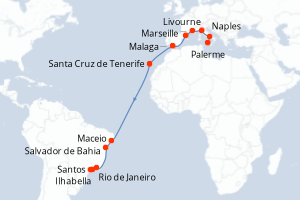 Carte itinéraire croisière Italie, France, Espagne, Brésil - 22 jours au départ de Palerme - Transatlantique