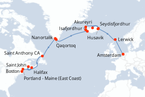 Carte itinéraire croisière Pays-Bas, Royaume-Uni, Islande, Gröenland, Canada, États-Unis - 21 jours au départ de Amsterdam - Transatlantique