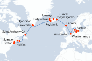 Carte itinéraire croisière Pays-Bas, Danemark, Allemagne, Royaume-Uni, Islande, Gröenland, Canada, États-Unis - 28 jours au départ de Amsterdam - Transatlantique