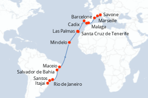 Carte itinéraire croisière France, Italie, Espagne, Portugal, Canaries, Cap Vert, Brésil - 24 jours au départ de Marseille - Transatlantique