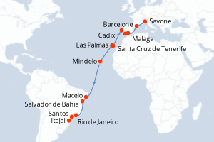 Carte itinéraire croisière Italie, Espagne, Portugal, Canaries, Cap Vert, Brésil - 23 jours au départ de Savone - Transatlantique