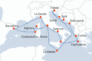 Carte itinéraire croisière Espagne, Italie, France, Malte, Croatie, Grèce - 21 jours au départ de Civitavecchia - Rome - Méditerranée