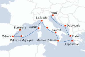 Carte itinéraire croisière Croatie, Grèce, Italie, France, Espagne - 14 jours au départ de Trieste - Méditerranée