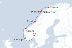 Carte itinéraire croisière La Ligne du Cap Nord - 6 jours au départ de Oslo - Europe du Nord