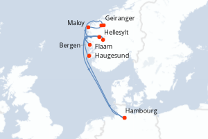 Carte itinéraire croisière Allemagne, Norvège - 9 jours au départ de Hambourg - Europe du Nord