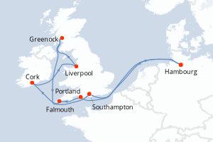Carte itinéraire croisière Allemagne, Grande-Bretagne, Irlande - 11 jours au départ de Hambourg - Europe du Nord