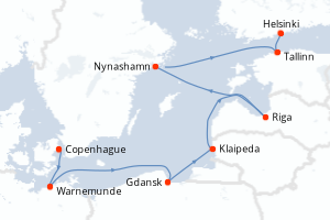 Carte itinéraire croisière Danemark, Allemagne, Pologne, Lituanie, Lettonie, Suède, Estonie, Finlande - 7 jours au départ de Copenhague - Baltique