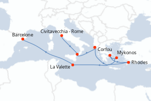 Carte itinéraire croisière Italie, Grèce, Malte, Espagne - 12 jours au départ de Civitavecchia - Rome - Méditerranée