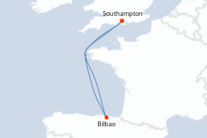 Carte itinéraire croisière Royaume-Uni, Espagne - 4 jours au départ de Southampton - Europe du Nord