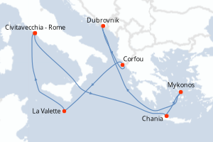 Carte itinéraire croisière Italie, Grèce, Croatie, Malte - 9 jours au départ de Civitavecchia - Rome - Méditerranée