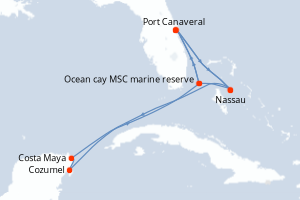 Carte itinéraire croisière  - 10 jours au départ de Port Canaveral - Caraïbes Mexique