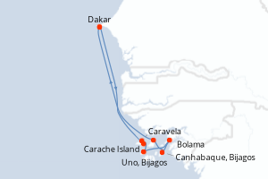 Carte itinéraire croisière Aventure aux Bijagos - 8 jours au départ de Dakar - Ouest Africain