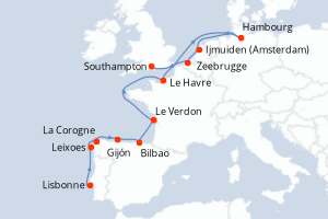 Carte itinéraire croisière Portugal, Espagne, France, Allemagne, Pays-Bas, Belgique, Royaume-Uni - 14 jours au départ de Lisbonne - Europe du Nord