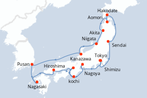 Carte itinéraire croisière Japon - 14 jours au départ de Tokyo - Asie