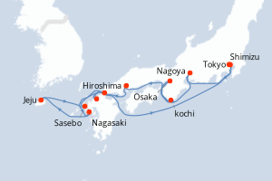 Carte itinéraire croisière Japon, Corée du Sud - 11 jours au départ de Tokyo - Asie