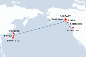 Carte itinéraire croisière Japon, France, États-Unis, Canada - 15 jours au départ de Yokohama - Alaska