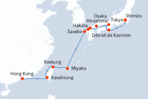 Carte itinéraire croisière Chine, Taïwan, Japon - 11 jours au départ de Hong Kong - Asie