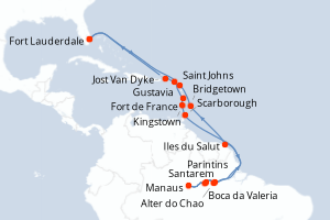 Carte itinéraire croisière États-Unis, Royaume-Uni, France, Saint Vincent-et-les-Grenadines, Trinité-et-Tobago, Brésil, Barbade, Antigua-et-Barbuda - 25 jours au départ de Fort Lauderdale - Caraïbes Bahamas