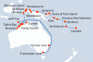 Carte itinéraire croisière Australie, Indonésie, Papouasie-Nouvelle-Guinée, Îles Salomon, Vanuatu, Fidji (Îles) - 32 jours au départ de Broome - Australie Nouvelle Zélande