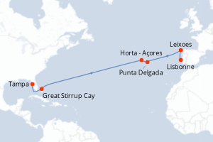 Carte itinéraire croisière États-Unis, Bahamas, Portugal - 13 jours au départ de Tampa - Atlantique