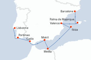 Carte itinéraire croisière Portugal, Espagne - 8 jours au départ de Lisbonne - Méditerranée