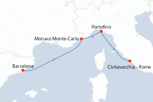 Carte itinéraire croisière Espagne, Monaco, Italie - 4 jours au départ de Barcelone - Méditerranée